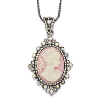 Sterling Silver Antiqued Pink Resin Cameo with Crystal Necklace