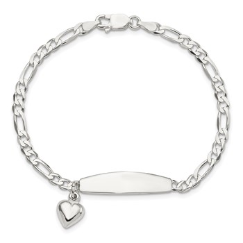 Sterling Silver Polished Figaro ID Heart Dangle 8.5in Bracelet — alternate view