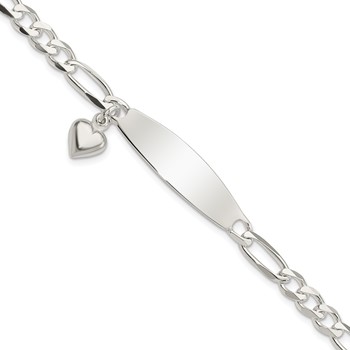 Sterling Silver Polished Figaro ID Heart Dangle 8.5in Bracelet