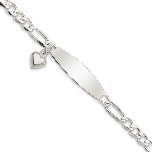 Sterling Silver Polished Figaro ID Heart Dangle Bracelet