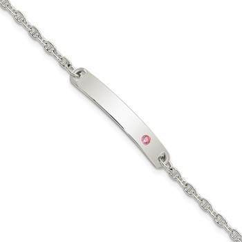 Sterling Silver Polished Childrens ID with Pink CZ Bracelet