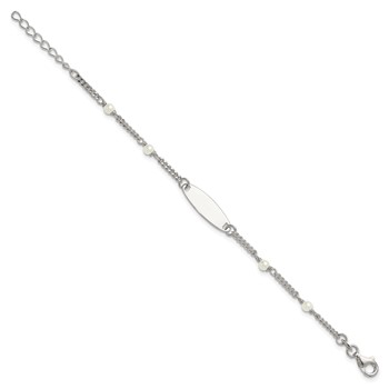 Sterling Silver Polished Curb Link and Acrylic Pearl 5 inch with 1 inch Extension Childrens ID Bracelet — alternate view