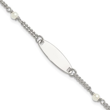 Sterling Silver Polished Curb Link and Acrylic Pearl 5 inch with 1 inch Extension Childrens ID Bracelet