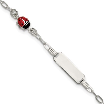 Sterling Silver Polished Red and Black Enameled Ladybug 6 inch with 1 inch extension Childrens ID Bracelet