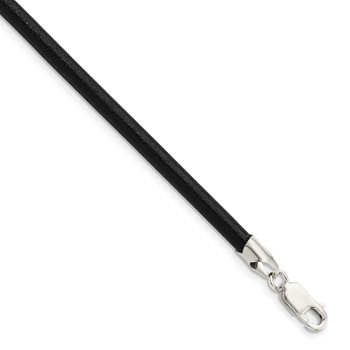 Sterling Silver 18inch 4mm Black Leather Necklace