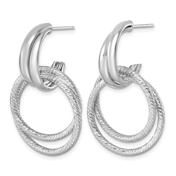Leslie's Sterling Silver RH-Plt Polish/Dia-cut Circle J-Hoop Post Earrings — alternate view