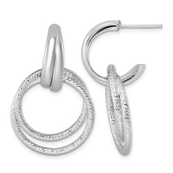 Leslie's Sterling Silver RH-Plt Polish/Dia-cut Circle J-Hoop Post Earrings