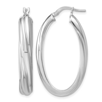 Leslie's Sterling Silver RH-plat Polished/Grooved Oval Hoop Earrings