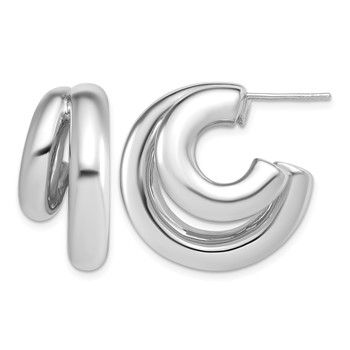 Leslie's Sterling Silver RH-plated Polished 2-row Puffed J-hoop Post Earrin