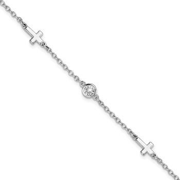Leslie's Sterling Silver Rhodium-plated CZ Cross w/ 1in ext. Bracelet