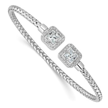 Leslie's Sterling Silver RH-plated CZ Polished Square Halo Cuff Bangle
