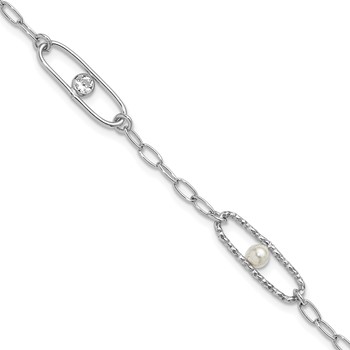 Leslie's Sterling Silver Rh-plated CZ and Crystal Pearl w/1in ext. Bracelet