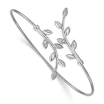 Leslie's SS Rhodium-plated Polished CZ Leaf Bypass Flexible Cuff Bangle