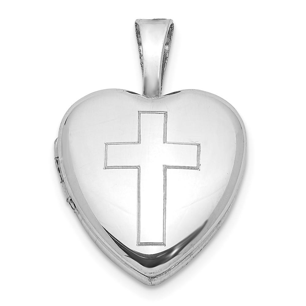 Sterling Silver Rhodium-plated Polished Cross 12mm Heart Locket