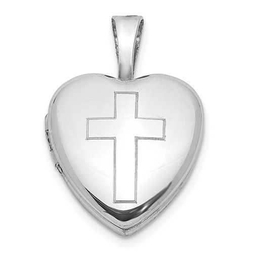 Sterling Silver Rhodium-plated Polished Cross 12mm Heart Locket
