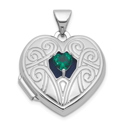 SS RH-plated Lab Created Emerald May Birthstone 18mm Heart Locket
