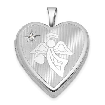Sterling Silver Rhodium-plated Brushed And Polished 1/20 carat Diamond And Angel 20mm Heart Locket