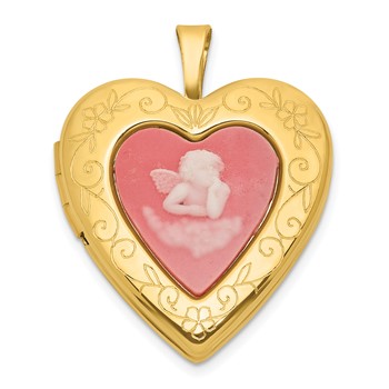 Sterling Silver Gold-plated Polished Front/Brushed Back Pink Angel Resin Cameo 20mm Heart Locket