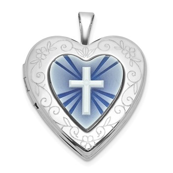 Sterling Silver Rhodium-plated Polished Front/Brushed Back Blue Cross Resin Cameo 20mm Heart Locket