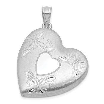 Sterling Silver Rhodium-plated Brushed Diamond-cut Butterflies 24mm Heart Locket