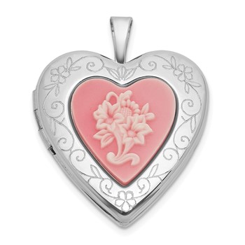 Sterling Silver Rhodium-plated Polished Front/Brushed Back Pink Flowers Resin Cameo 20mm Heart Locket