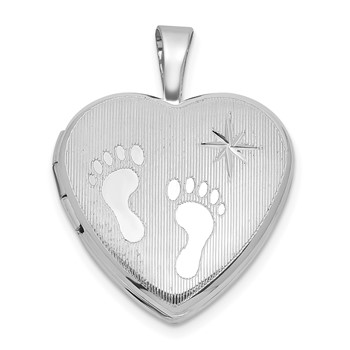 Sterling Silver Rhodium-plated Polished Front/Brushed Back Foot Prints with Star 16mm Heart Locket