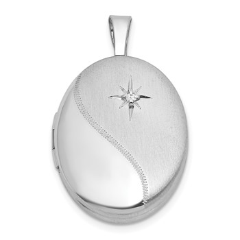 Sterling Silver Rhodium-plated Brushed And Polished 1/20 carat Diamond 16mm Oval Locket