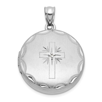 Sterling Silver Rhodium-plated Brushed Diamond-cut with 1/20 carat Diamond Cross 20mm Round Locket