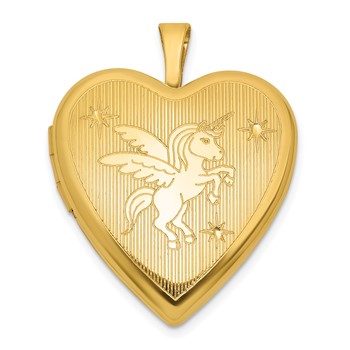 Sterling Silver Gold-plated Polished Front/Brushed Back Unicorn/Alicorn 20mm Heart Locket