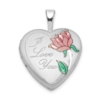 Sterling Silver RH-plated Satin & Enameled I Love You Rose Heart Locket