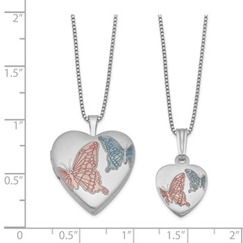 Sterling Silver Rhodium-plated Satin Enameled Butterflies Heart 18in Locket Necklace & 14in Pendant Necklace Set — alternate view