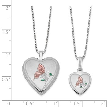 Sterling Silver Rhodium-plated Polished & Satin Enameled Butterfly Heart 18in Locket Necklace and 14in Pendant Necklace Set — alternate view