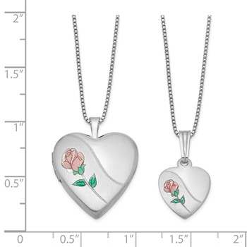 Sterling Silver Rhodium-plated Polished & Satin Enameled Rose Heart Mother & Daughter Locket & Pendant Necklace Set — alternate view