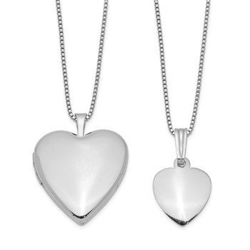 Sterling Silver Rhodium-plated Polished & Satin Heart 18in Locket Necklace & 14in Pendant Necklace Set
