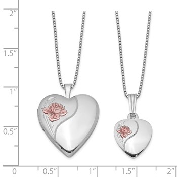 Sterling Silver Rhodium-plated Polished/Satin Enameled Rose Heart 18in Locket Necklace & 14in Pendant Necklace Set — alternate view
