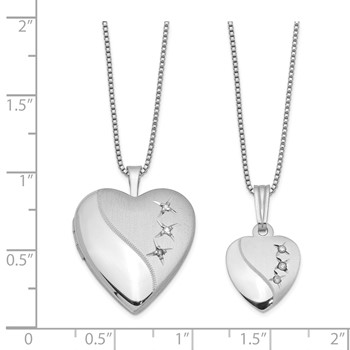 Sterling Silver Rhodium-plated Diamond Polished & Satin Heart 18in Locket Necklace & 14in Pendant Necklace Set — alternate view