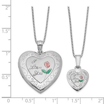 Sterling Silver Rhodium-plated Enameled Polished/Satin Rose I Love You Heart Mom 18in Locket & Daughter 14in Pendant Necklace Set — alternate view