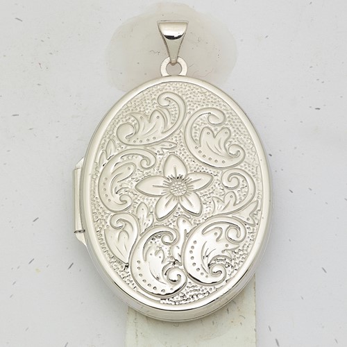 Sterling Silver Rhodium-plated Reversible Floral Swirl Oval Locket