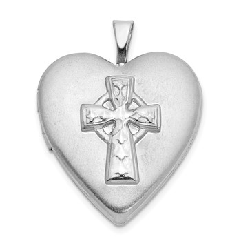 Sterling Silver Platinum-plated Polished & Satin Cross Heart Locket