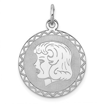 Sterling Silver Rhodium-plated Engravable Girl Disc Charm