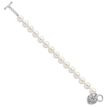 Majestik Sterling Silver Rhodium-plated 10-11mm White Imitation Shell Pearl with Heart Hand-knotted Bracelet — alternate view