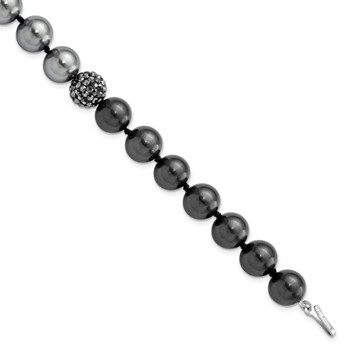 Majestic Sterling Silver Rhodium-plated 10-11mm Dk Grey/Black Imitation Shell Pearl Crystal Hand-knotted Bracelet