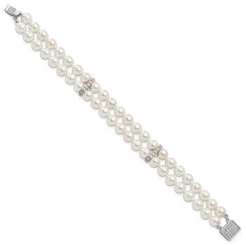 Majestik Sterling Silver Rhodium-plated 7-8mm White Imitation Shell Pearl and CZ Hand-knotted Bracelet — alternate view