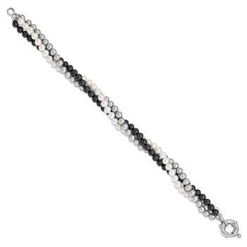 Majestik Sterling Silver Rhodium-plated 3 Row 4-5mm White Grey Black Imitation Shell Pearl Hand-knotted Bracelet — alternate view