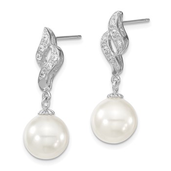 Majestik Sterling Silver Rhodium-plated 10-11mm White Imitation Shell Pearl and CZ Dangle Earrings — alternate view