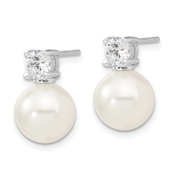 Majestik Sterling Silver Rhodium-plated 10-11mm White Imitation Shell Pearl and CZ Post Earrings — alternate view