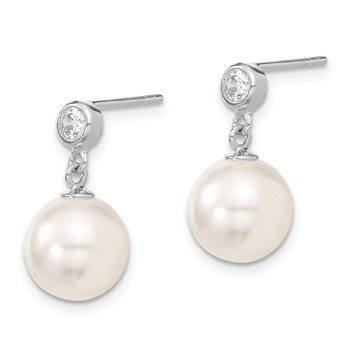 Majestik Sterling Silver Rhodium-plated 10-11mm White Imitation Shell Pearl and CZ Dangle Earrings — alternate view