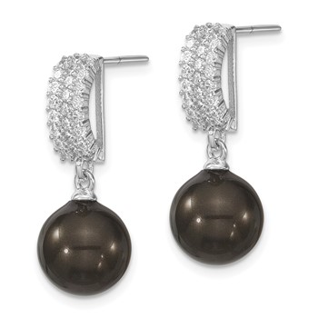 Majestik Sterling Silver Rhodium-plated 10-11mm Black Imitation Shell Pearl and CZ Post Dangle Earrings — alternate view