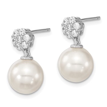 Majestik Sterling Silver Rhodium-plated 10-11mm White Imitation Shell Pearl CZ Post Dangle Earrings — alternate view