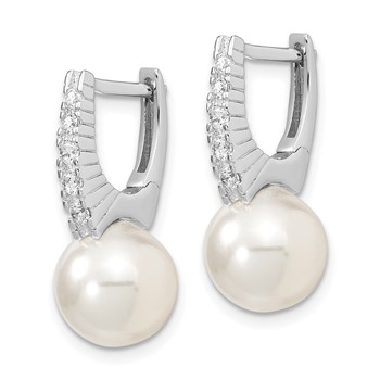 Majestik Sterling Silver Rhodium-plated 10-11mm White Imitation Shell Pearl CZ Hinged Post Dangle Earrings — alternate view